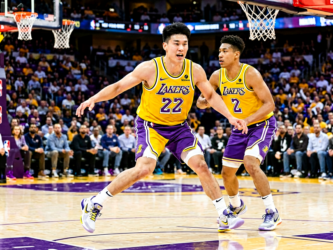 NBA常规赛比赛现场,湖人队进攻瞬间